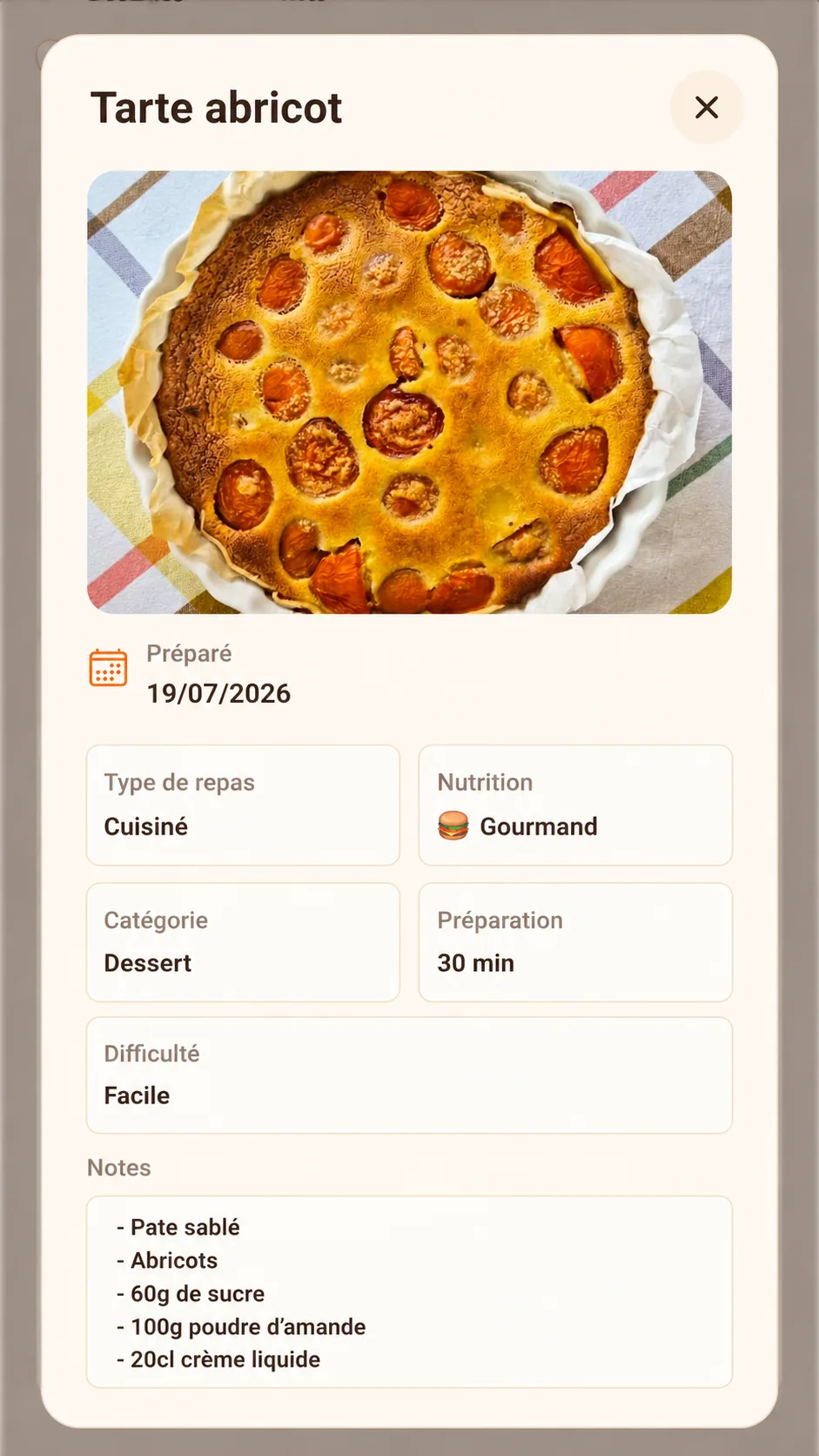 Fiche recette Melipo avec une tarte abricot, des informations de préparation et des notes personnelles.