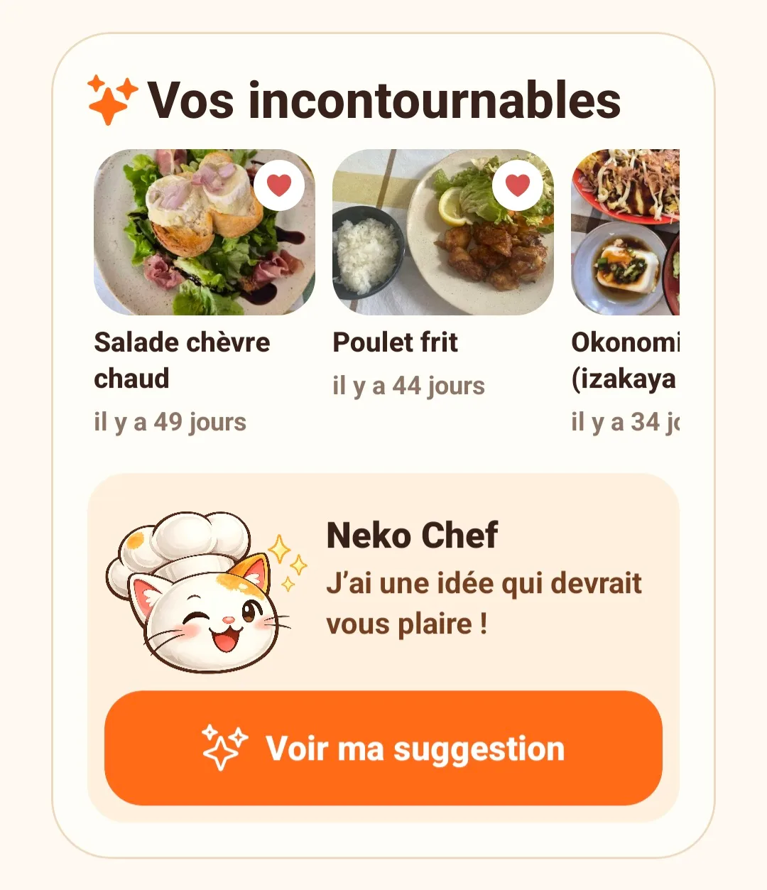 Écran Melipo avec des plats incontournables et une suggestion Neko Chef.