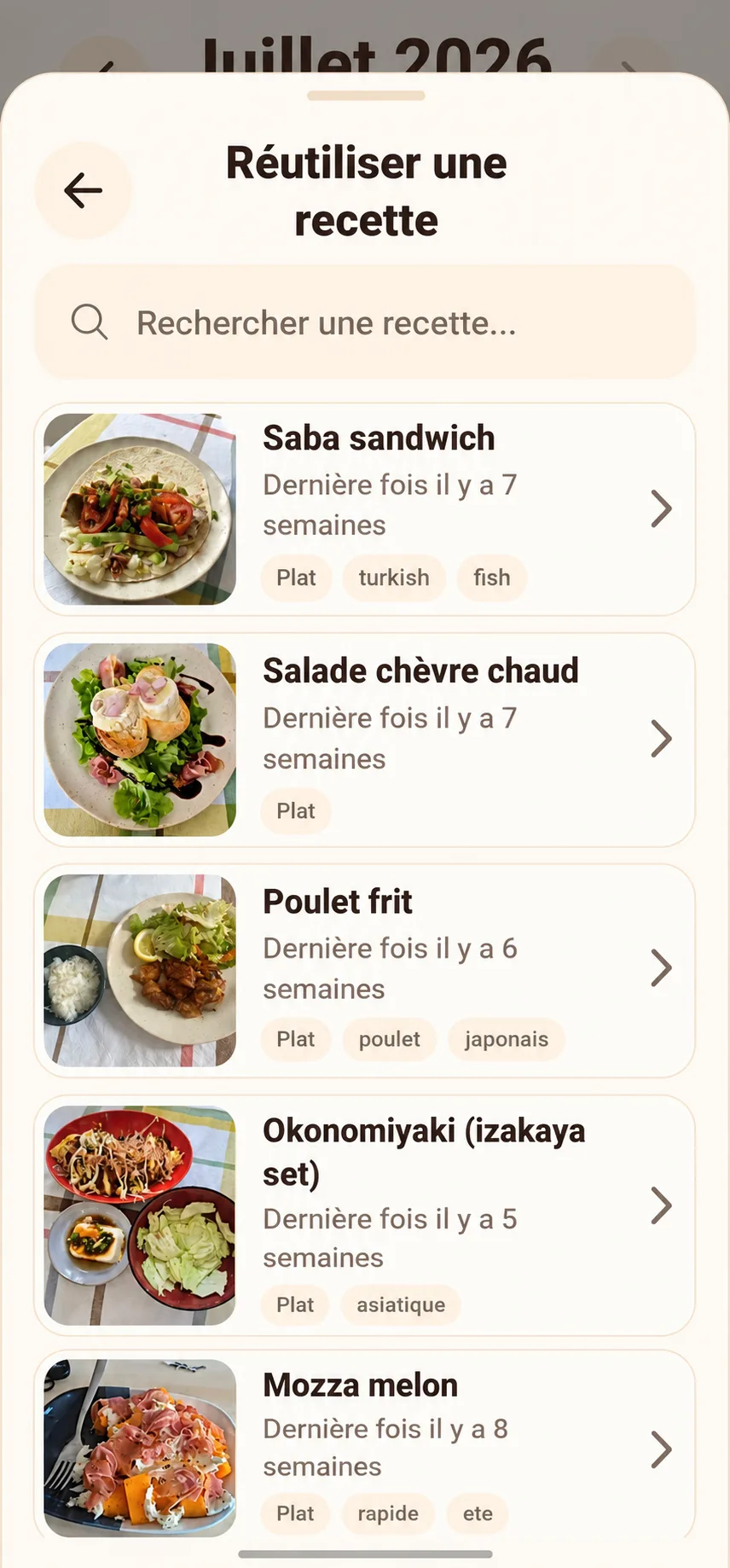 Écran Melipo pour retrouver et réutiliser une recette déjà cuisinée.