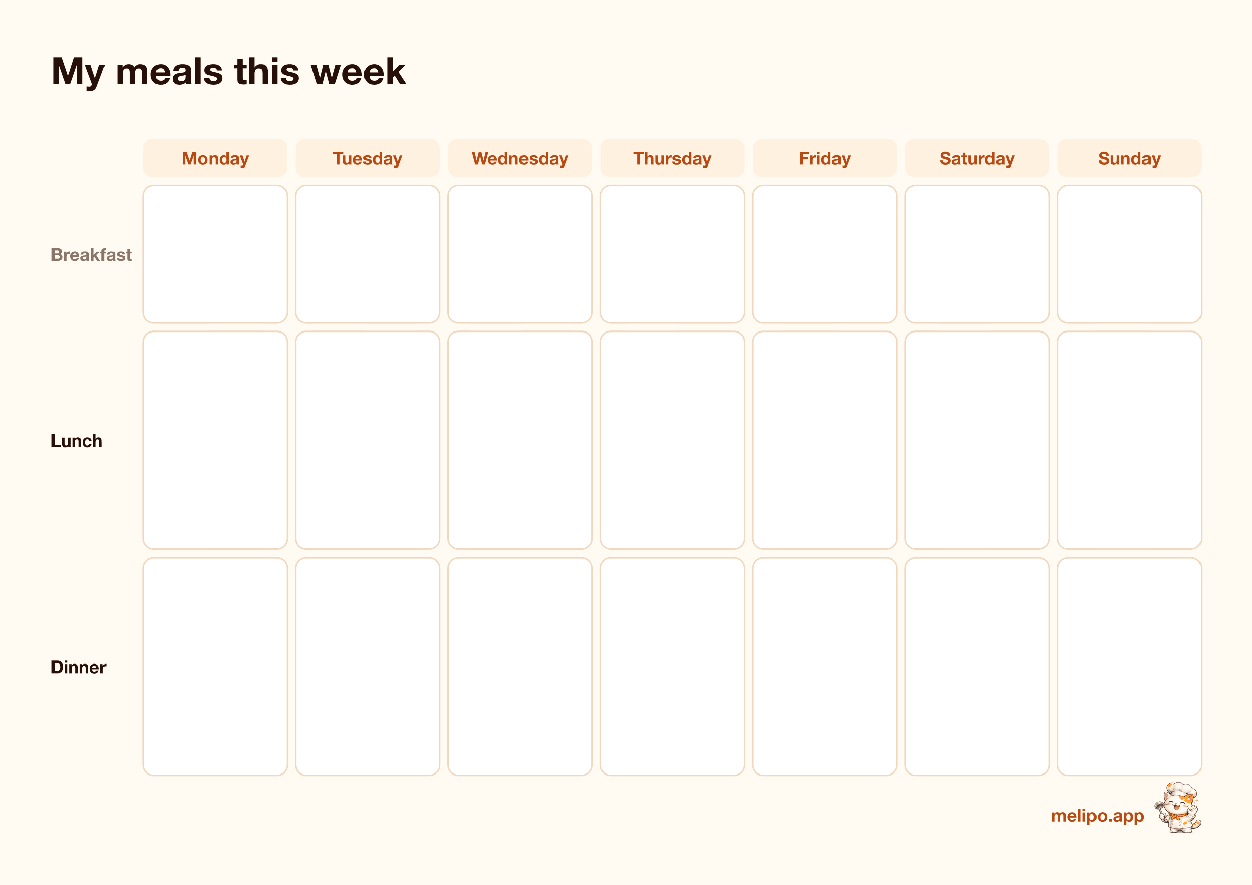 Blank printable weekly meal planner: Monday to Sunday, with breakfast, lunch and dinner