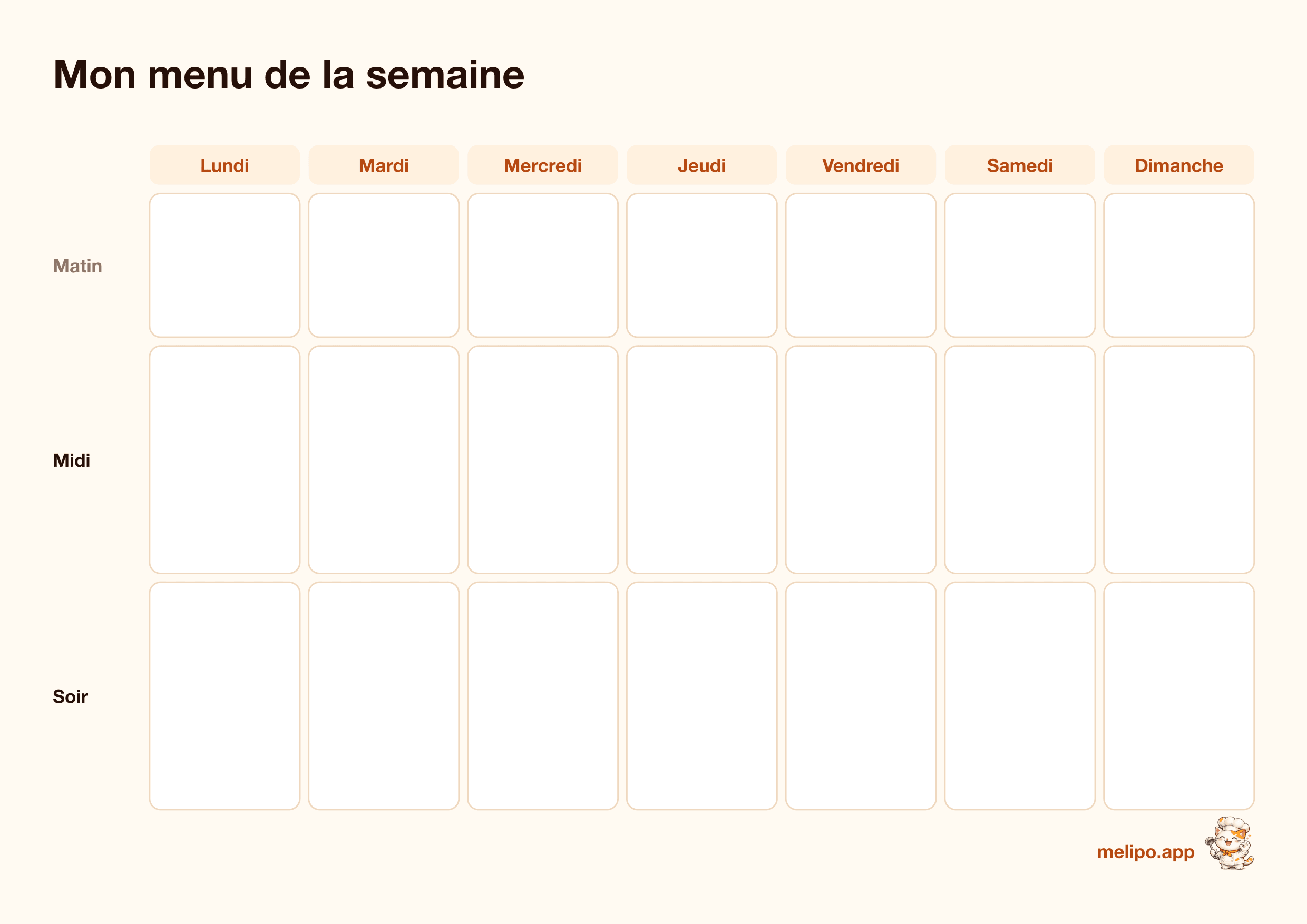 Calendrier repas semaine vierge à imprimer : du lundi au dimanche, avec matin, midi et soir