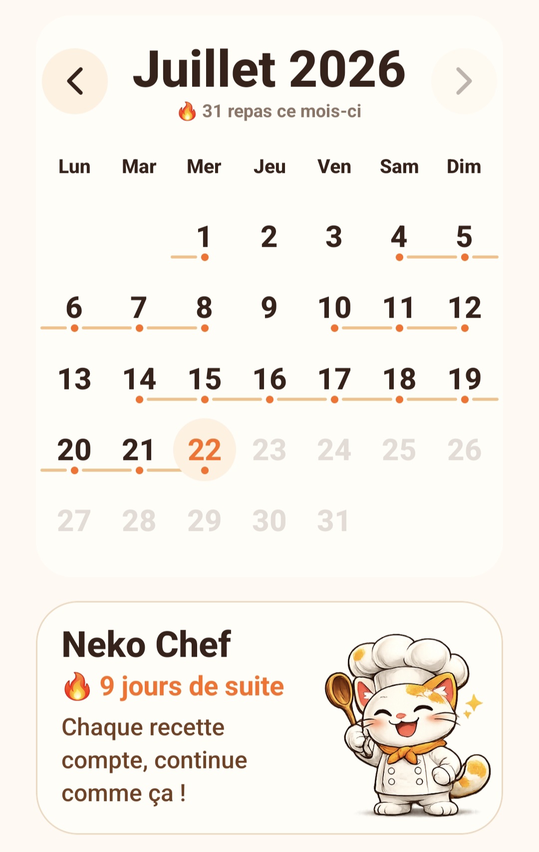 Calendrier Melipo montrant les repas cuisinés dans le mois et une série de jours avec Neko Chef.