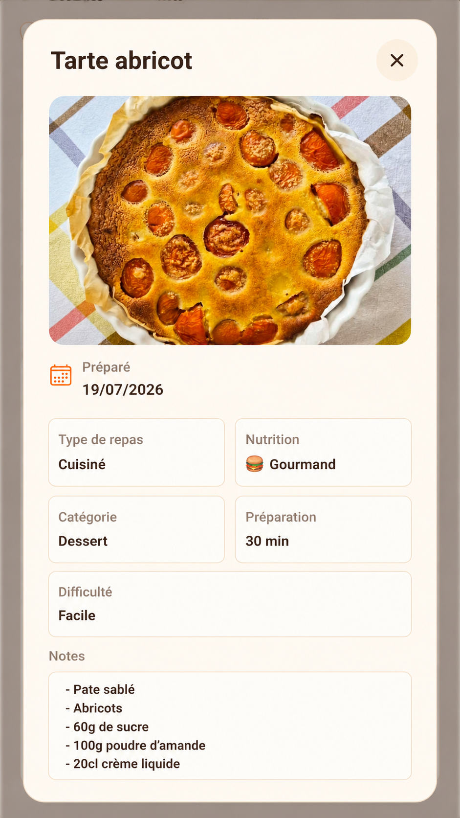 Fiche recette Melipo avec une tarte abricot, des informations de préparation et des notes personnelles.