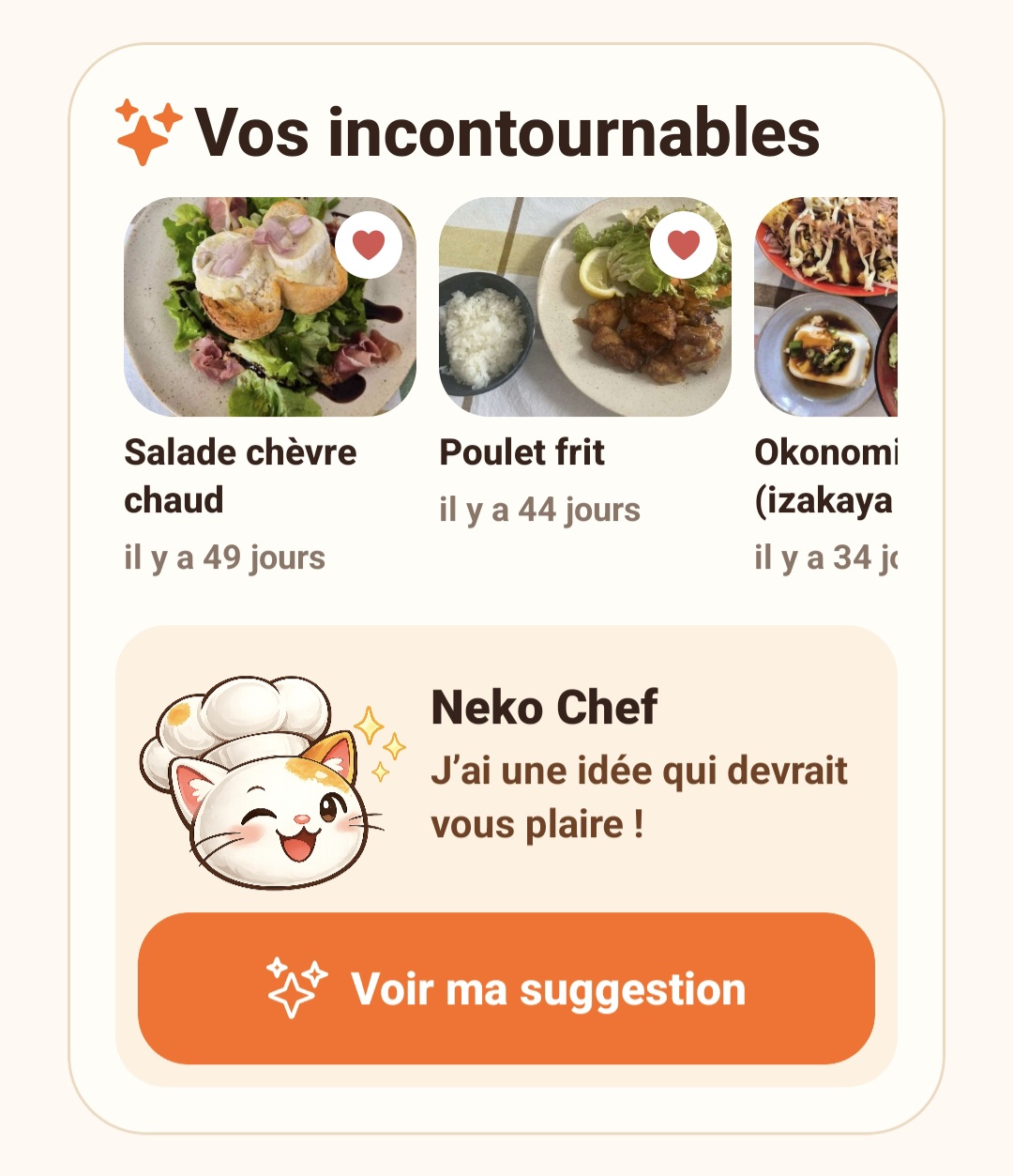 Écran Melipo avec des plats incontournables et une suggestion Neko Chef.