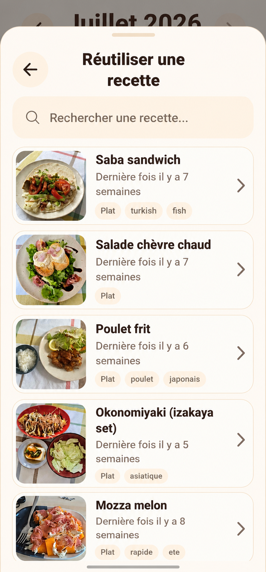 Écran Melipo pour retrouver et réutiliser une recette déjà cuisinée.